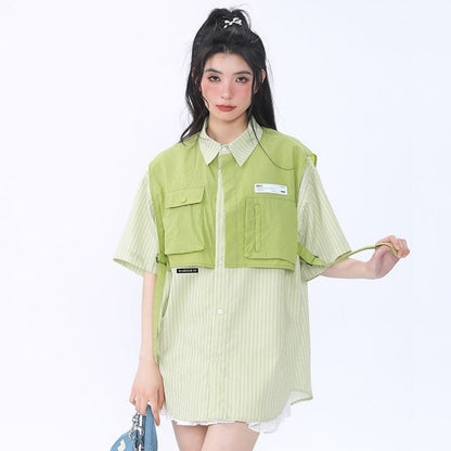 期間限定 ファッション 個性派 レイヤード風 切り替え プリント全3色 男女兼用 半袖Tシャツ<U-9044>