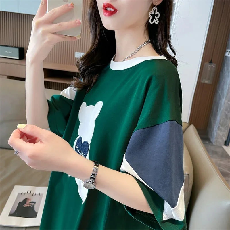 カジュアルルーズワッペン刺繍ステッチカラーブロック半袖Tシャツ<U-2870>
