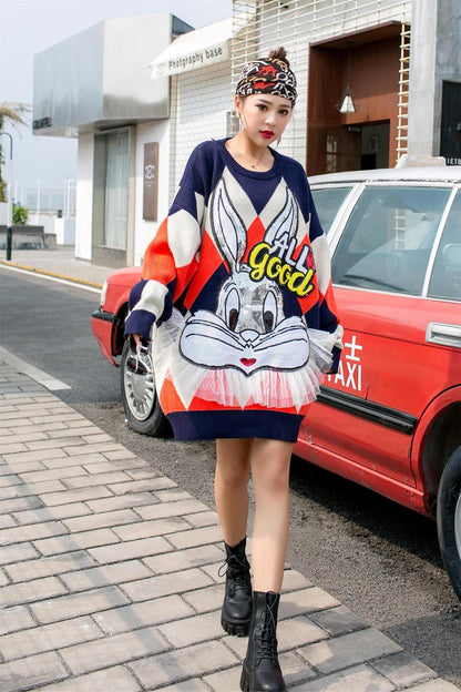 大人気ダイヤ柄ビッグウサギちゃんロゴニットセーター厚手トップス