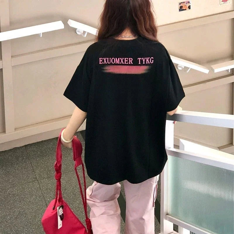 夏新作 プリントTシャツ 夕日 黒 ゆったり半袖＜U-2959＞