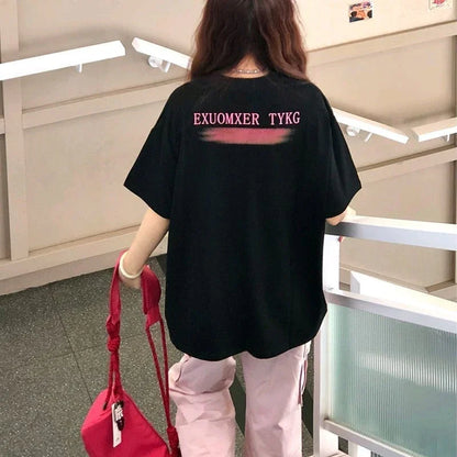 夏新作 プリントTシャツ 夕日 黒 ゆったり半袖＜U-2959＞