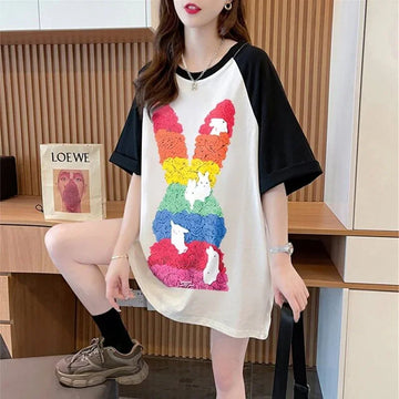 美人度アップ Tシャツ 可愛いウサギ 丸襟 半袖＜U-2824＞