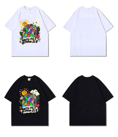スタイルアップ効果抜群 キュート カジュアル ルーズ プリント全6色 半袖Tシャツ<U-8970>