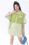 期間限定 ファッション 個性派 レイヤード風 切り替え プリント全3色 男女兼用 半袖Tシャツ<U-9044>
