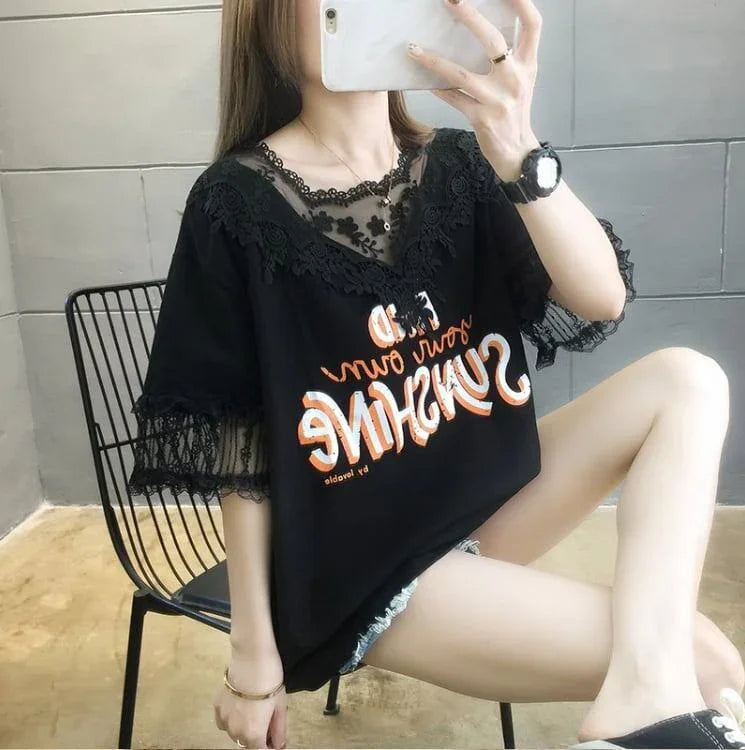 エレガントなレースステッチ半袖Tシャツ<U-3030>