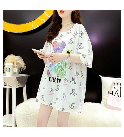 大活躍 プリント 熊柄 Tシャツ ラウンドネック ゆったり半袖＜U-3004＞