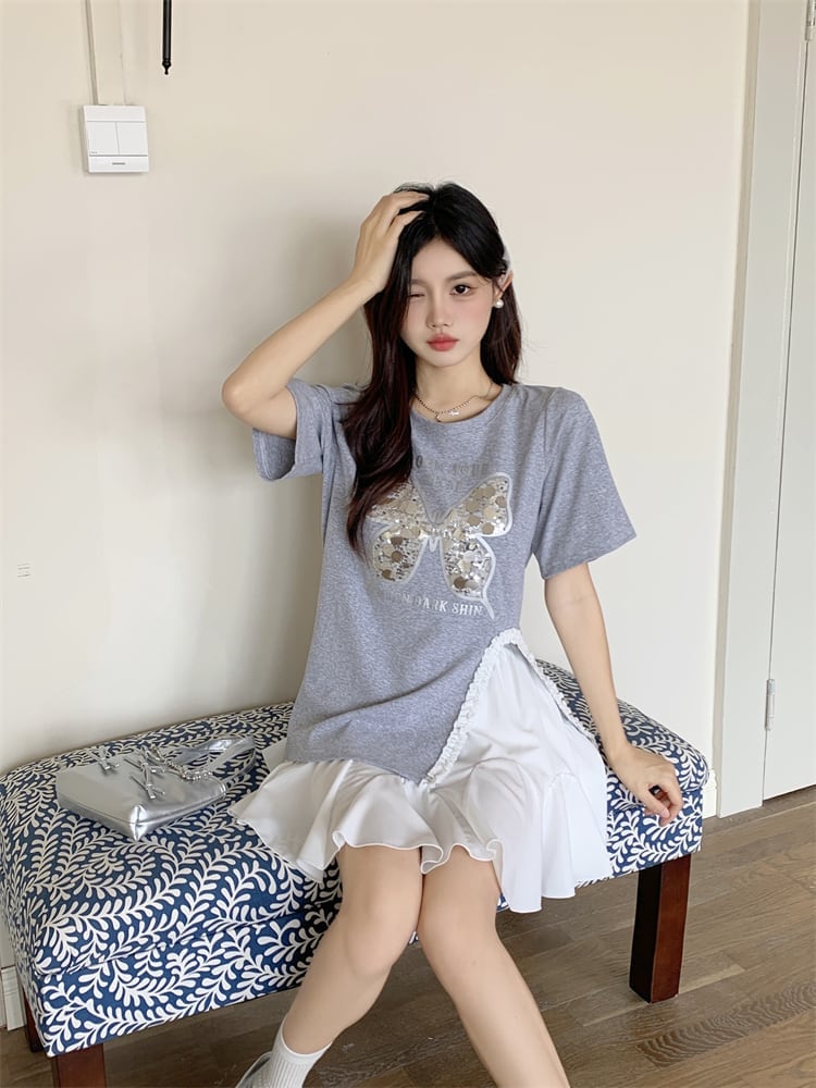 絶対欲しい キュート 超人気 ピンク プリント スパンコール 3色選択 半袖Tシャツ＜U-8570＞
