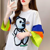 超人気商品 カラーマッチング ベアー柄 切り替え プリント ロング Tシャツ ゆったりワンピース ＜U-4024＞