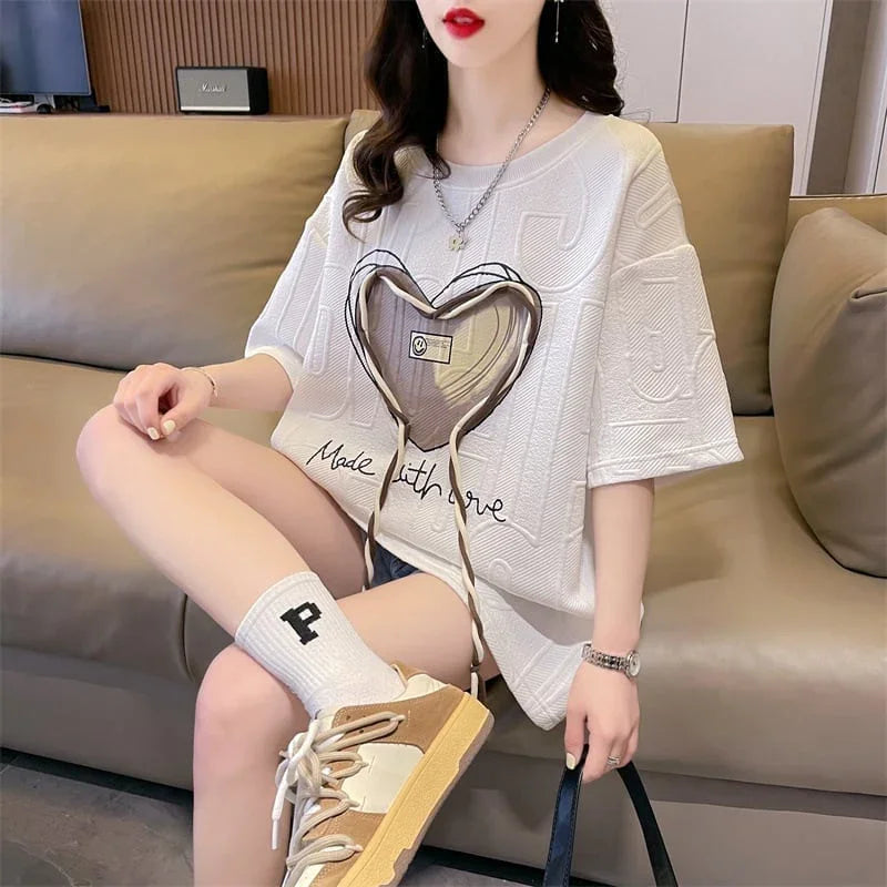 着心地良い ハート 立体風 プリントTシャツ 三色 ゆったり半袖＜U-2933＞