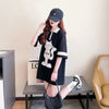韓国系 猫柄 POLOネック ロング プリントTシャツ ゆったり半袖 ＜U-2894＞