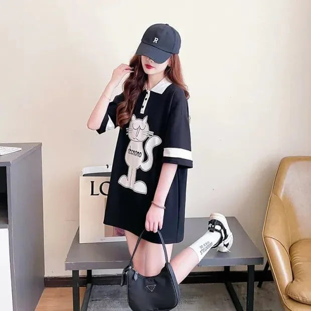 韓国系 猫柄 POLOネック ロング プリントTシャツ ゆったり半袖 ＜U-2894＞
