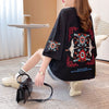 質感のいい 刺?Tシャツ ラウンドネック 白 黒 ゆったり半袖＜U-3013＞