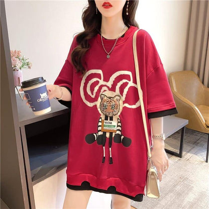 気質ルーズ漫画プリントミッドレングス半袖Tシャツ<U-3026>