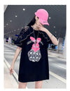 レースステッチアイスシルクニットルーズラビットプリント半袖Tシャツ<U-5038>