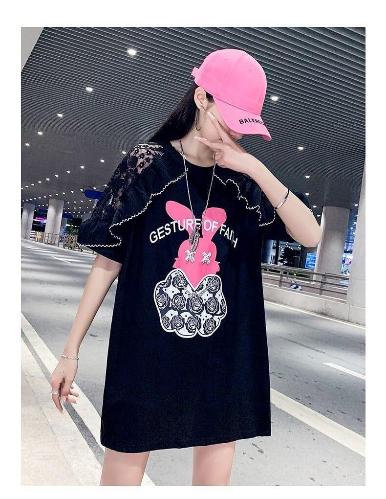 レースステッチアイスシルクニットルーズラビットプリント半袖Tシャツ<U-5038>