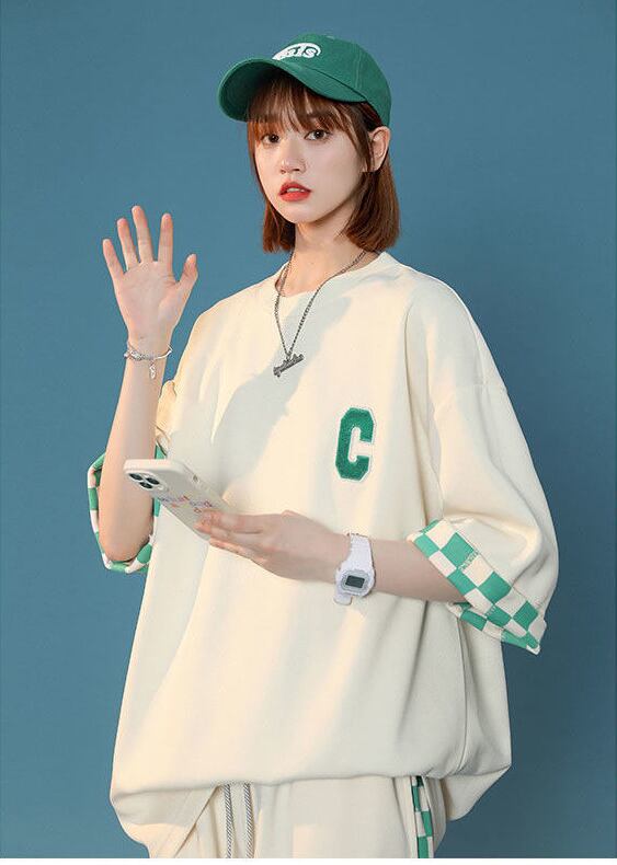 超人気  ルーズ アメリカンスタイルのカジュアルなクロップドジャケット<U-5164> 半袖Ｔシャツⅹパンツセット全2色 <U-8209>