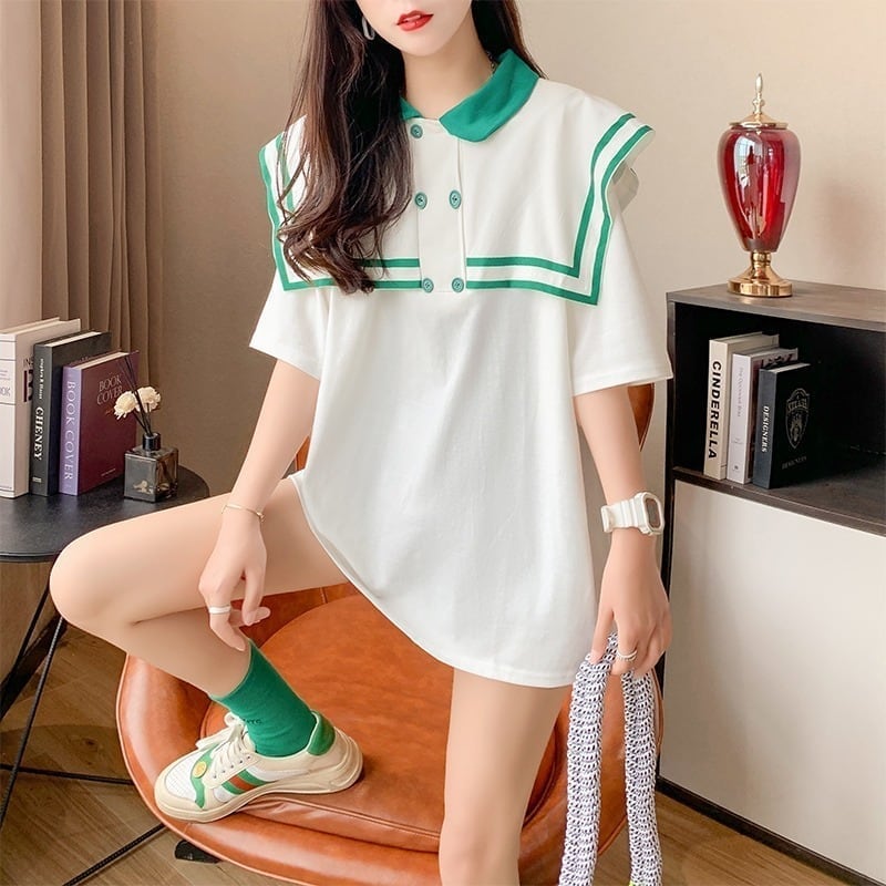 絶対欲しい ロング セーラーカラー Tシャツ 三色 ゆったりワンピース＜U-4028＞