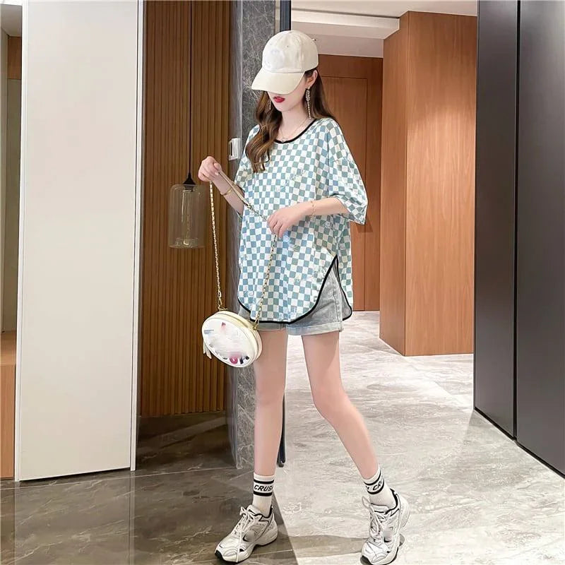 好感度満載 ラウンドネック 女性力を高める チェック柄 Tシャツ カットソー＜U-2985＞