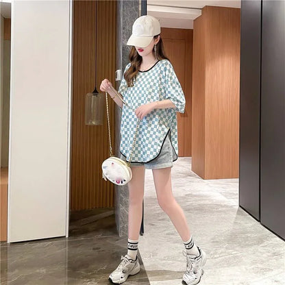 好感度満載 ラウンドネック 女性力を高める チェック柄 Tシャツ カットソー＜U-2985＞