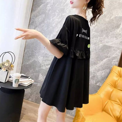 ミドル丈のイレギュラー半袖Tシャツワンピース<U-5007>