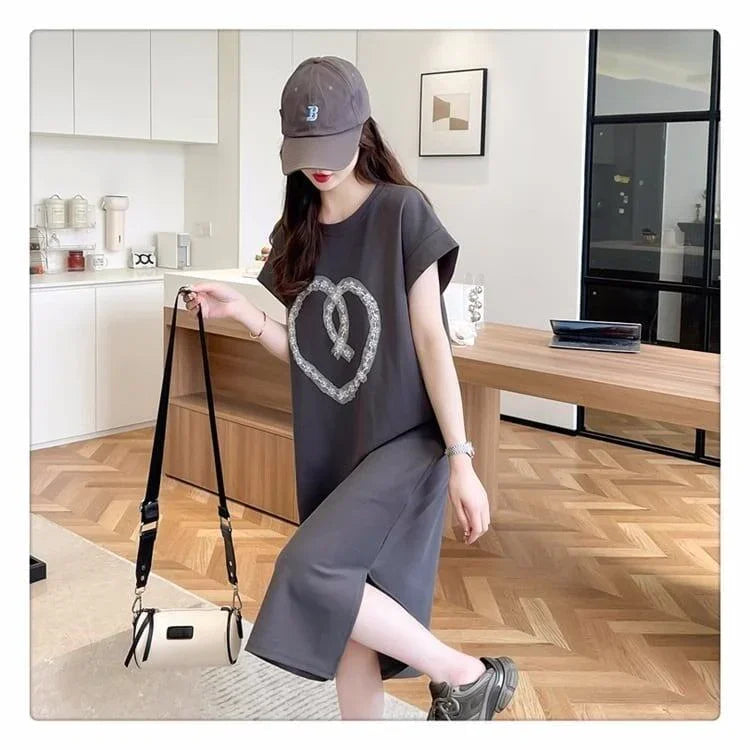 韓国系 ロング ハートマーク Tシャツ 半袖 ＜U-2837＞