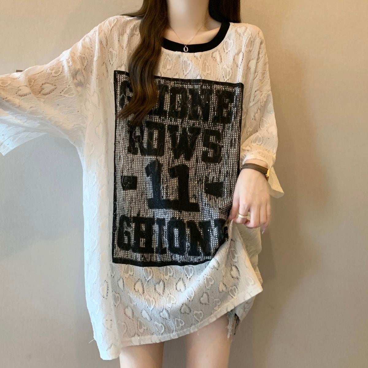超人気 アバンギャルド 絶対流行 レース プリント全2色 半袖Tシャツ<U-8798>
