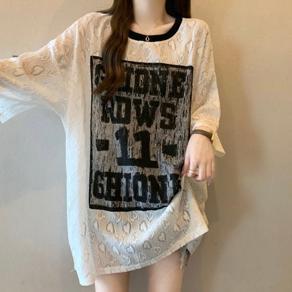超人気 アバンギャルド 絶対流行 レース プリント全2色 半袖Tシャツ<U-8798>