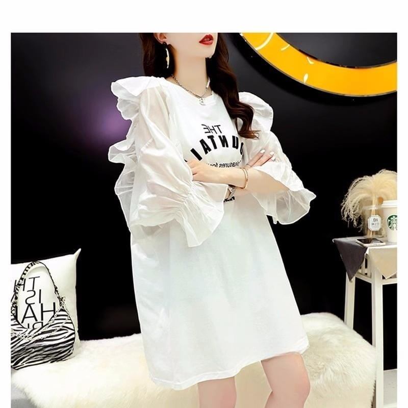 女子力アップ アルファベット パフスリーブ プリント ロングTシャツ ゆったりワンピース ＜U-3054＞
