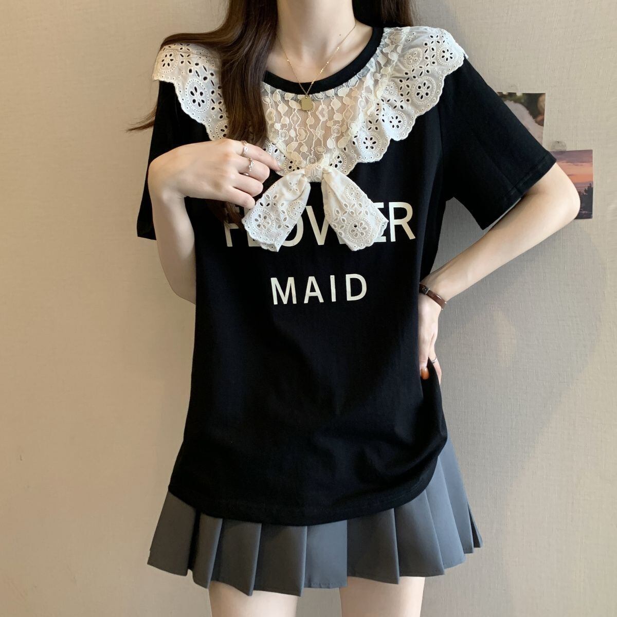 超人気 レース スウィート 切り替え プリント 3色選択 半袖Tシャツ＜U-8825＞