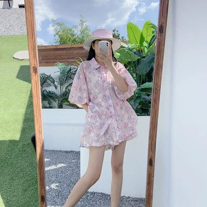 新商品 花柄 大人可愛い シャツ＋ショートパンツ セットアップ＜U-9001＞