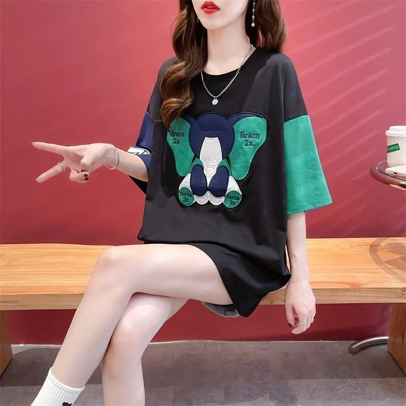 気質漫画カラーマッチング偽ツーピース半袖Tシャツ<U-2997>