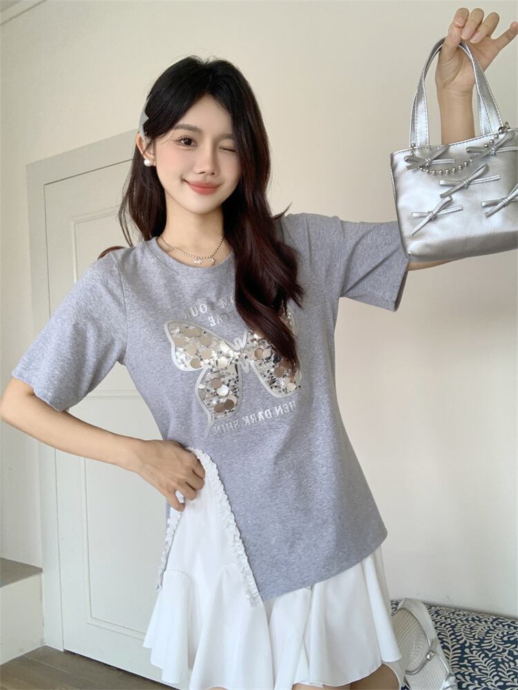 絶対欲しい キュート 超人気 ピンク プリント スパンコール 3色選択 半袖Tシャツ＜U-8570＞