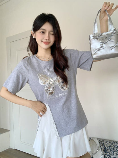 絶対欲しい キュート 超人気 ピンク プリント スパンコール 3色選択 半袖Tシャツ＜U-8570＞
