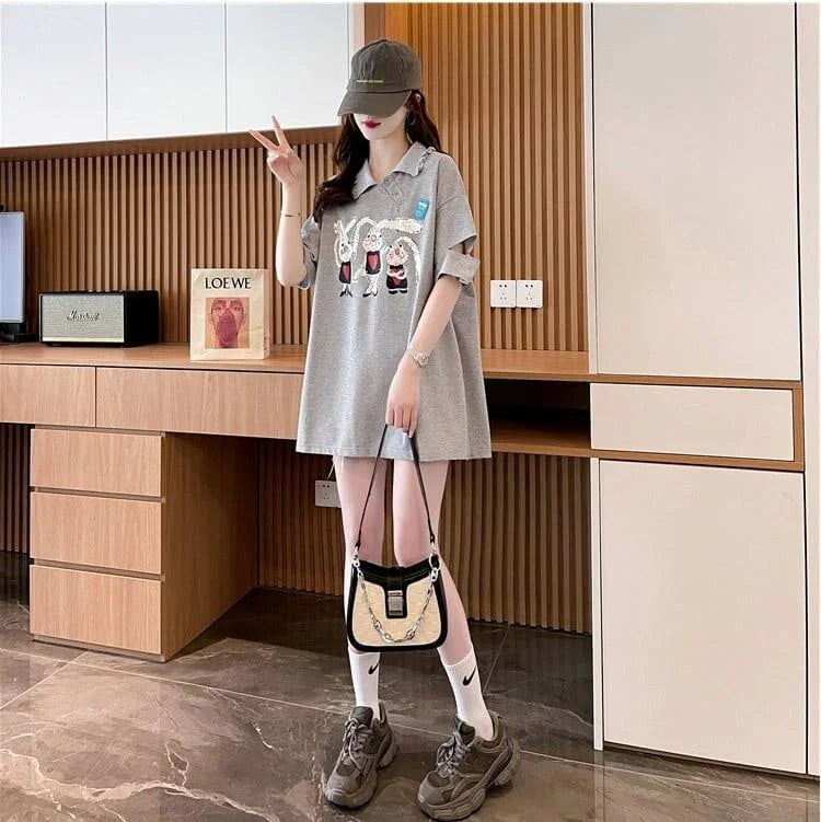 美人度アップ 折り襟 可愛いウサギちゃん プリントロング Tシャツ ゆったり半袖 ＜U-2956＞