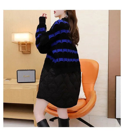 お勧め切り替えニットセーターハイネックキルティングトップス2色あり<U-4333>