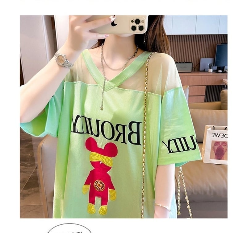 売り切れ必至 Vネック セクシー 切り替え チュール プリントTシャツ ゆったりワンピース ＜U-3050＞