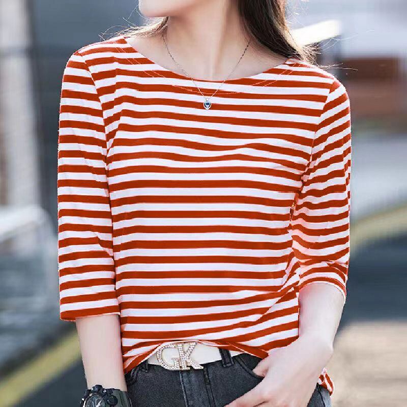 お買い得 定番シンプル 大活躍 着心地抜群 ストライプ柄 全4色 7分袖 Tシャツ ＜U-9134＞