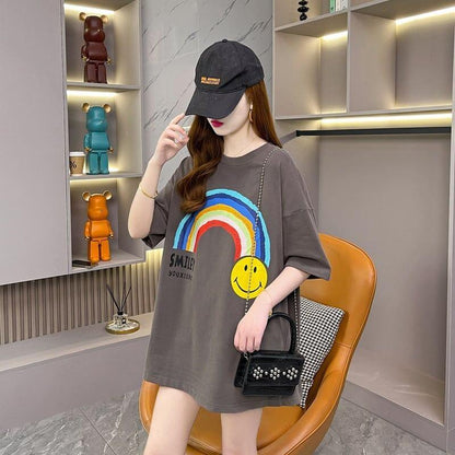レインボースマイリーファッションオールマッチルーズ半袖Tシャツ<U-2860>