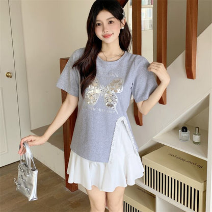 絶対欲しい キュート 超人気 ピンク プリント スパンコール 3色選択 半袖Tシャツ＜U-8570＞
