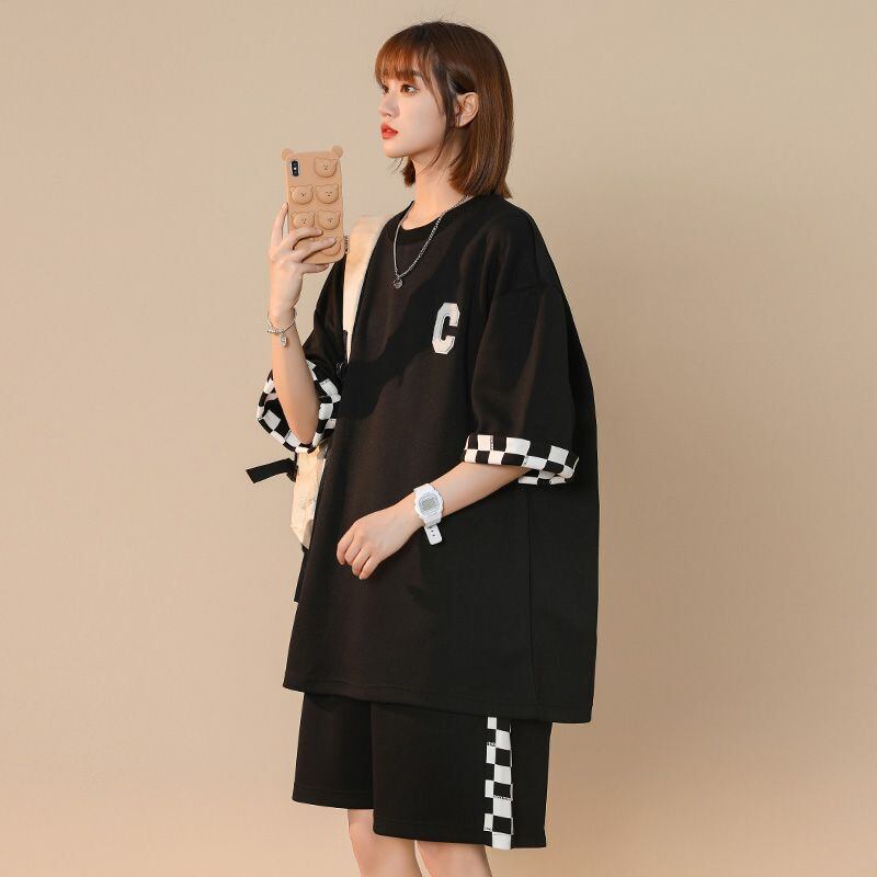 超人気  ルーズ アメリカンスタイルのカジュアルなクロップドジャケット<U-5164> 半袖Ｔシャツⅹパンツセット全2色 <U-8209>
