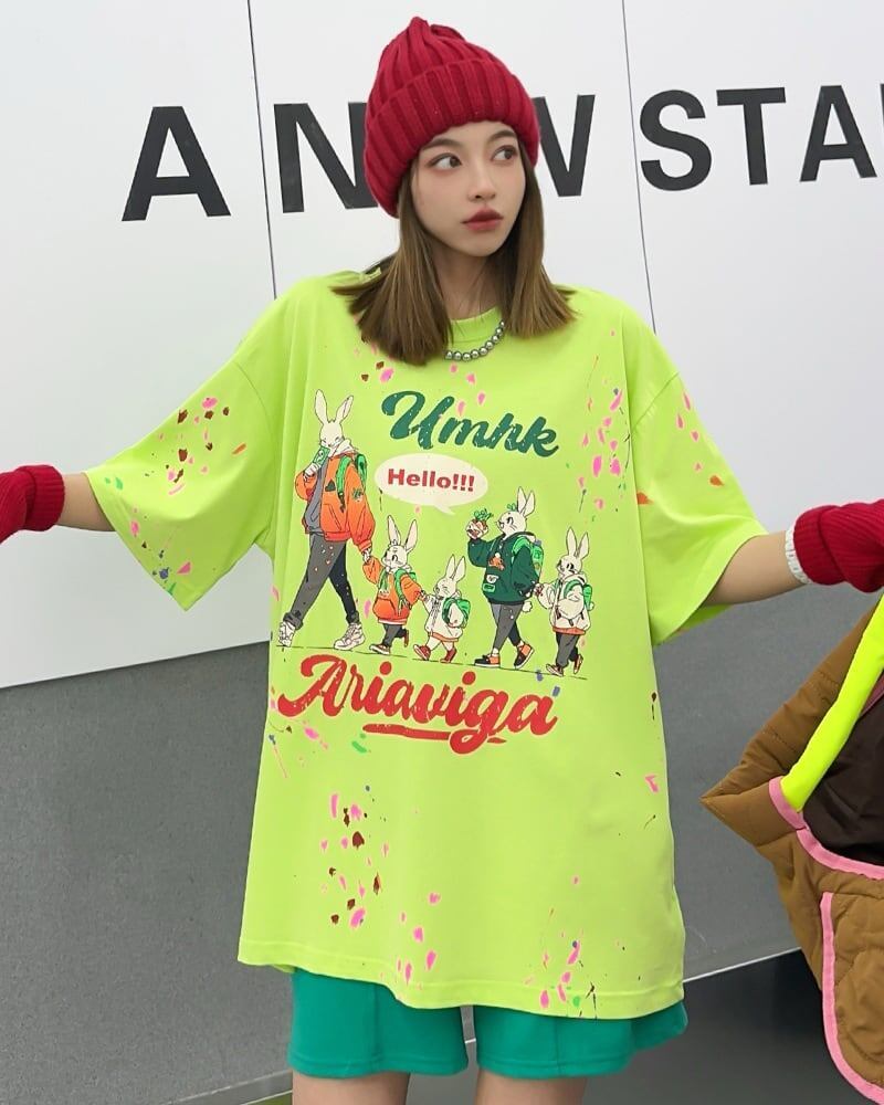 早い者勝ち キュート ファッション ルーズ 落書き風 プリント半袖Tシャツ 全3色<U-4913>