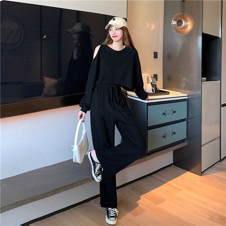 韓国風ファッション カジュアル ?感?佳 全2色 長袖Tシャツ＆ハイウエストワイドレッグパンツのセットアップ<U-9103>