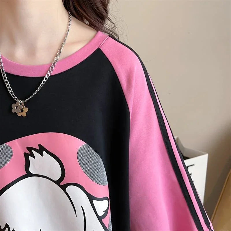 好感度UP グラフィック ストライプ柄 ラグランTシャツ ゆったり ワンピース＜U-3994＞