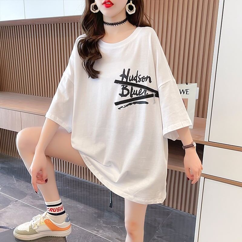 【人気商品再入荷！】   デザイン個性ゆったりミドル丈半袖Tシャツ<U-3036>