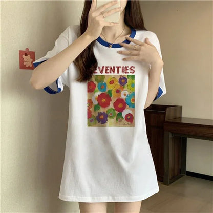 着せ 配色 プリント ロング Tシャツ 四色 ゆったり半袖 ＜U-3019＞
