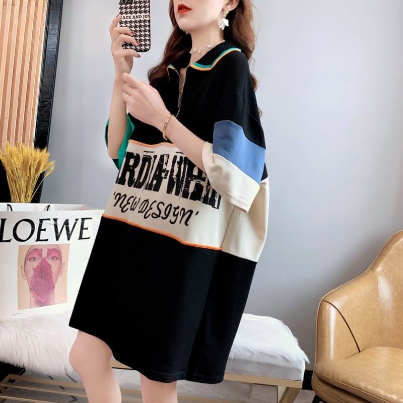 韓国系 切り替え POLOネック ファスナー ロング Tシャツ 二色 ゆったりワンピース ＜U-3015＞