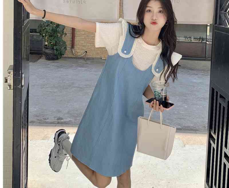 美人度アップ デニム 大人可愛い 全2色 半袖Tシャツ+サスペンダースカート セット<U-8782>