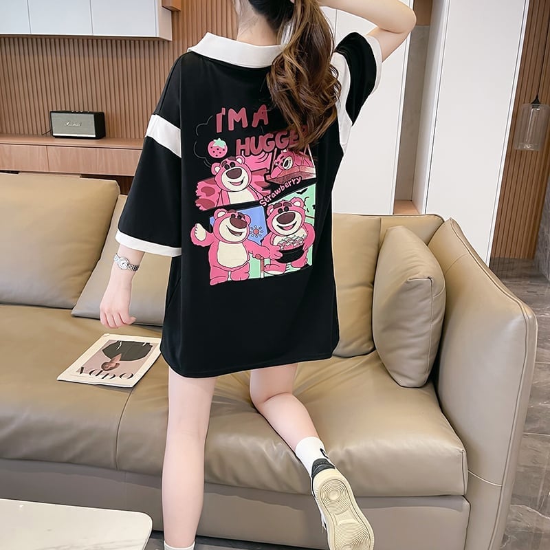 POLOネック 切り替え 熊柄 ロング プリント Tシャツ 二色 ゆったりワンピース ＜U-3020＞