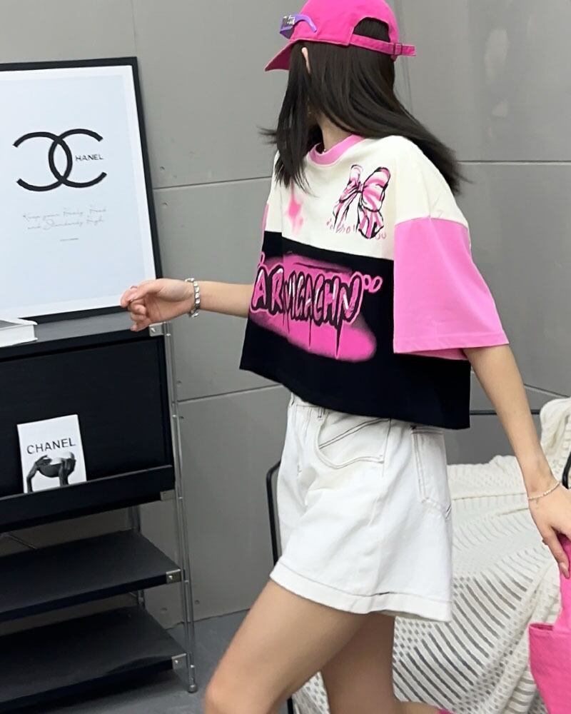 着回し力抜群 切り替え三色 韓国系 ゆったり半袖Tシャツ ＜U-8455＞