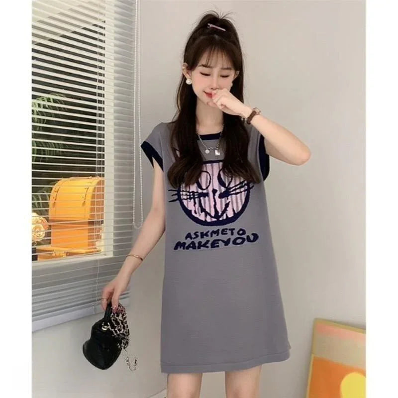 好感度100％ プリント 可愛い猫柄 ロング Tシャツ ゆったり半袖 ＜U-2867＞